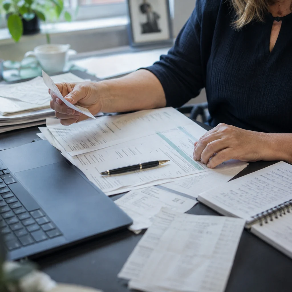 Papierwerk en jaarrekening op het bureau van de boekhouder