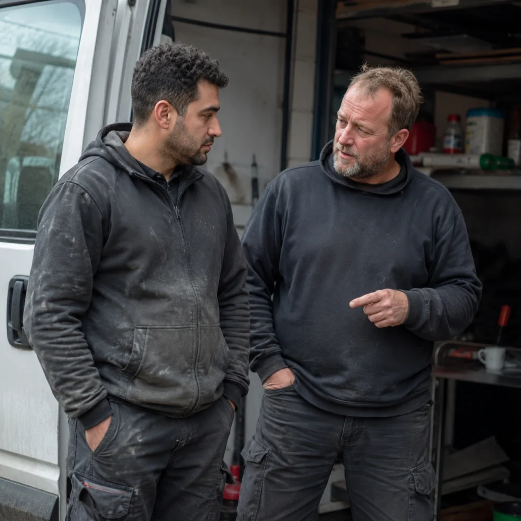 Ondernemer overlegt met zijn medewerker bij de bedrijfsbus